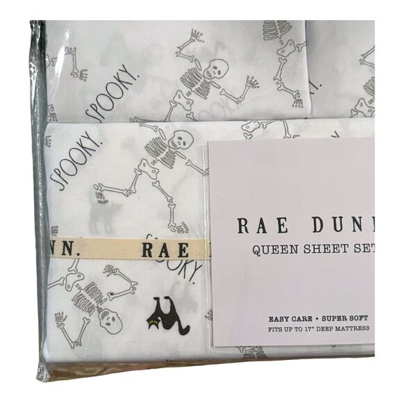 Rae Dunn Queen Sheet Set SPOOKY Skeleton Black Cat Halloween Goth Witch NEW 2024 - Picture 2 of 7